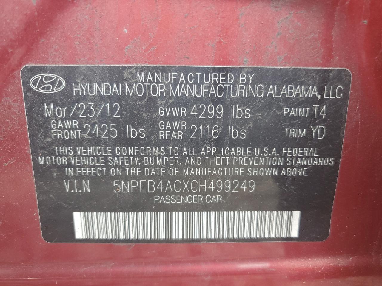 5NPEB4ACXCH499249 2012 Hyundai Sonata Gls