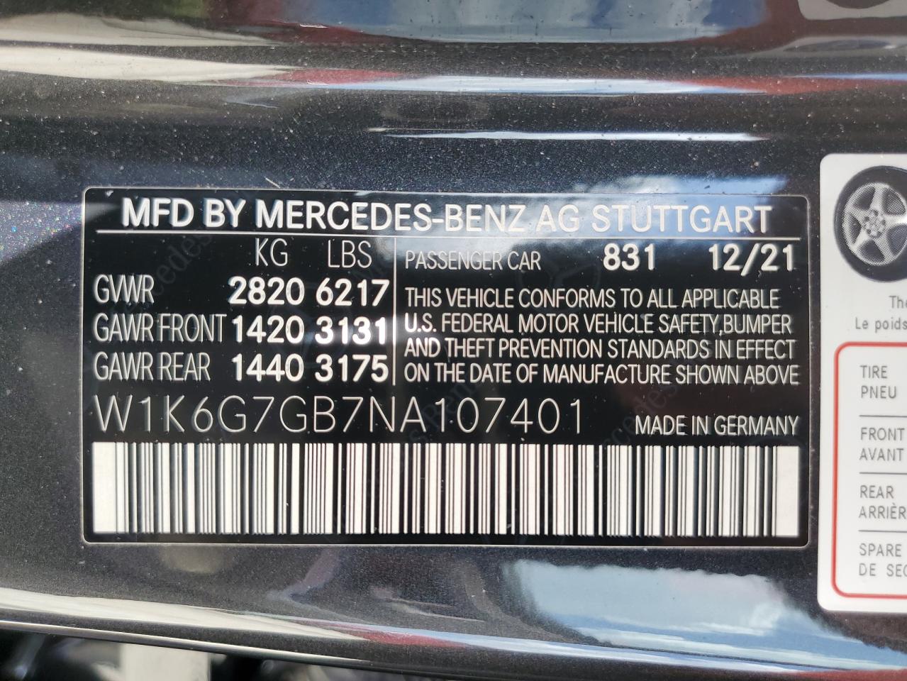 W1K6G7GB7NA107401 2022 Mercedes-Benz S 580 4Matic