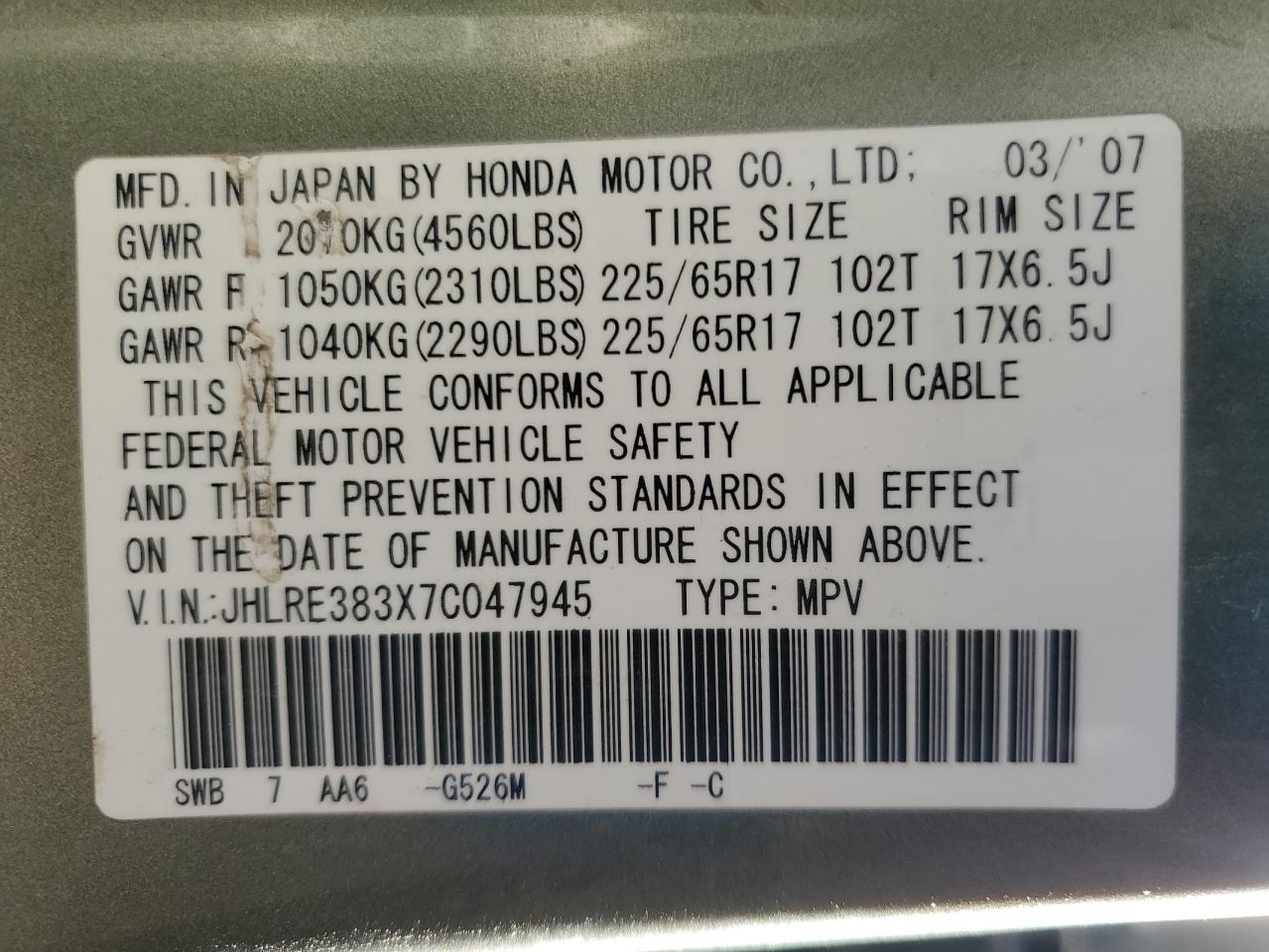 JHLRE383X7C047945 2007 Honda Cr-V Lx