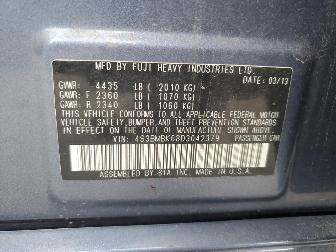 4S3BMBK68D3042379 2013 Subaru Legacy 2.5I Limited