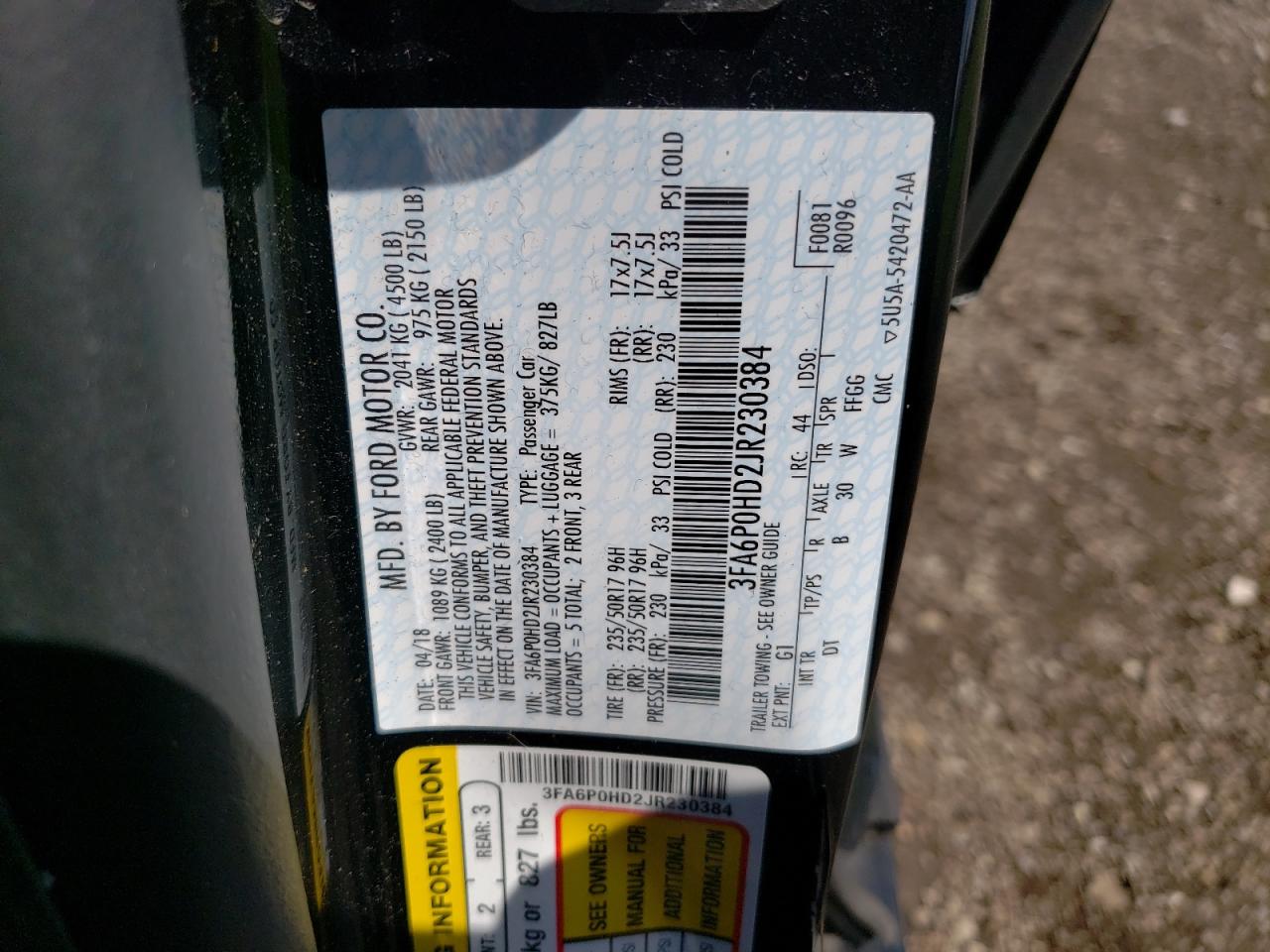 3FA6P0HD2JR230384 2018 Ford Fusion Se