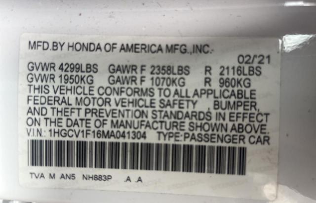 2021 Honda Accord Lx VIN: 1HGCV1F16MA041304 Lot: 62120494