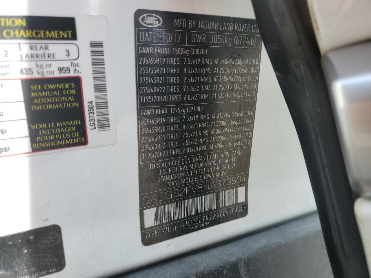 SALGS2FV8HA373504 2017 Land Rover Range Rover Hse