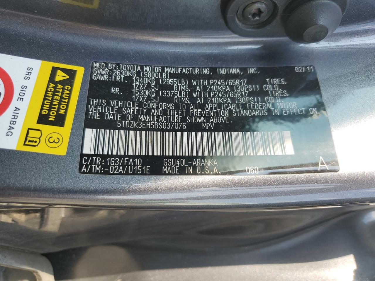 5TDZK3EH5BS037076 2011 Toyota Highlander Base