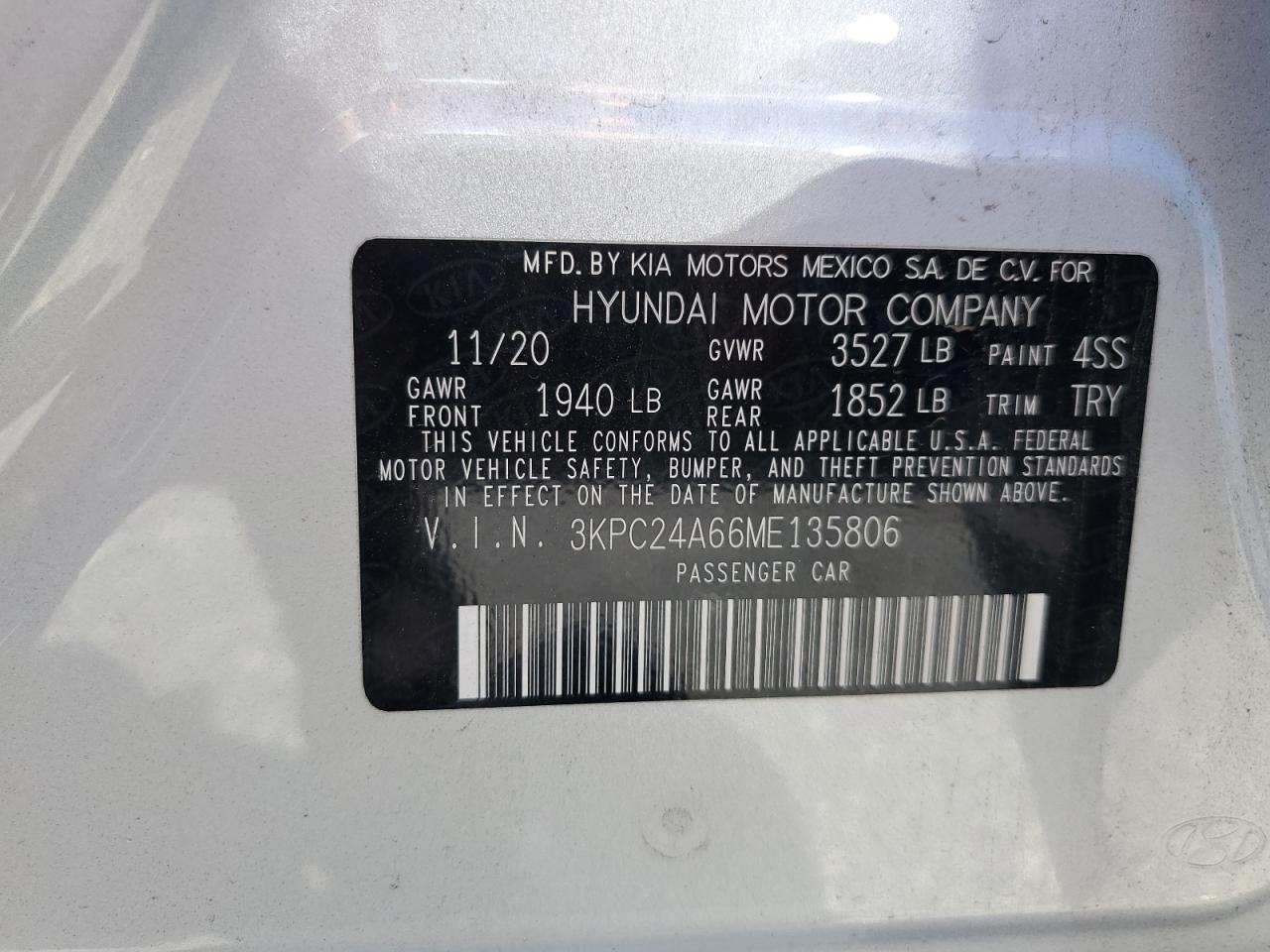 3KPC24A66ME135806 2021 Hyundai Accent Se