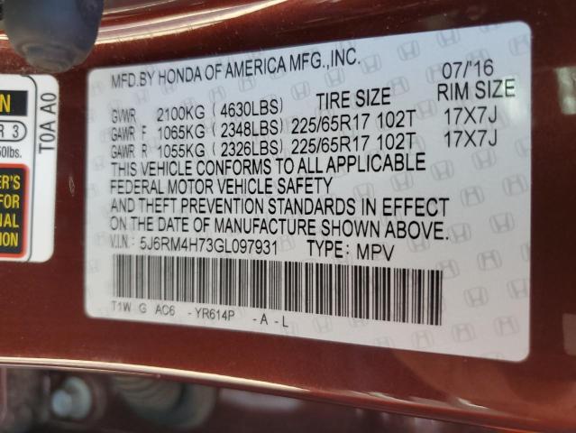 2016 HONDA CR-V EXL - 5J6RM4H73GL097931