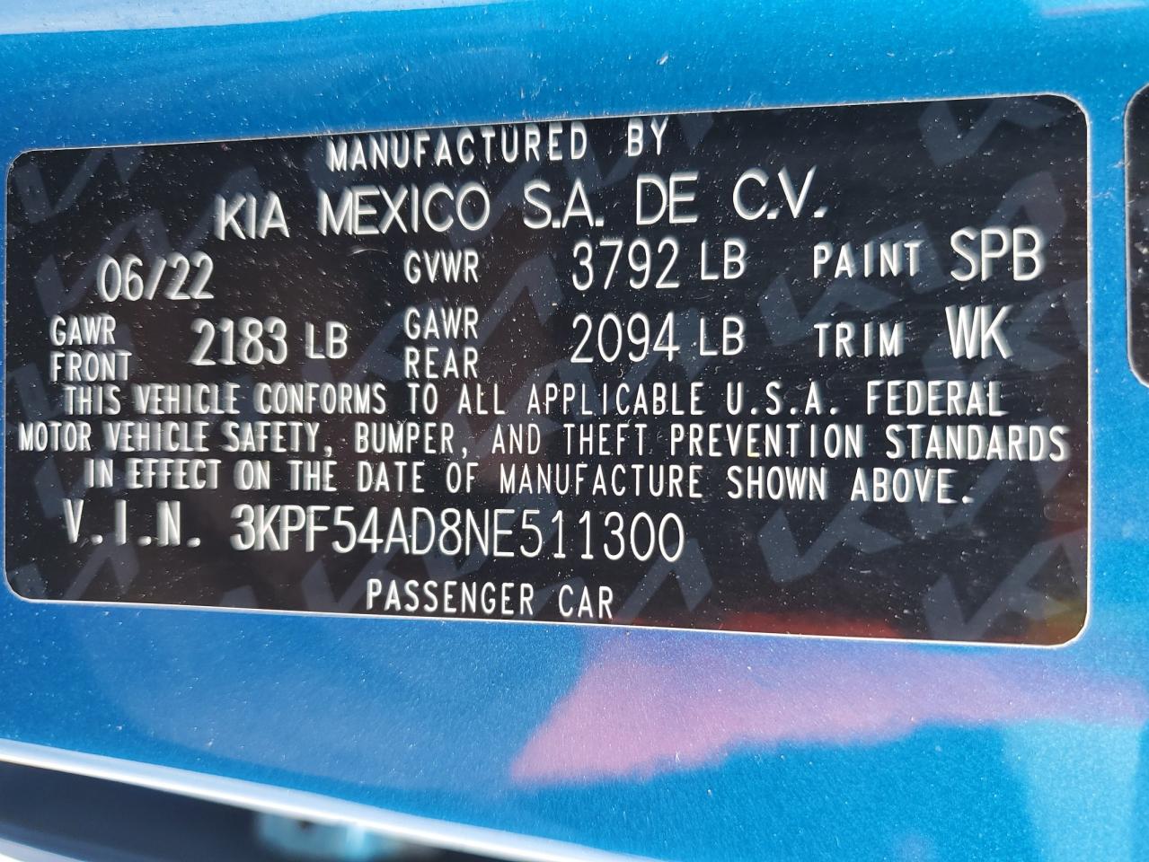 3KPF54AD8NE511300 2022 Kia Forte Gt Line