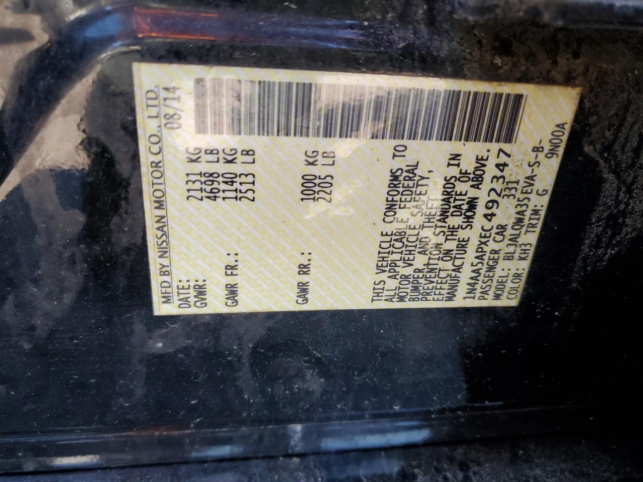 1N4AA5APXEC492347 2014 Nissan Maxima S