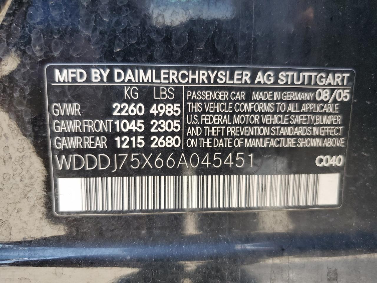 WDDDJ75X66A045451 2006 Mercedes-Benz Cls 500C