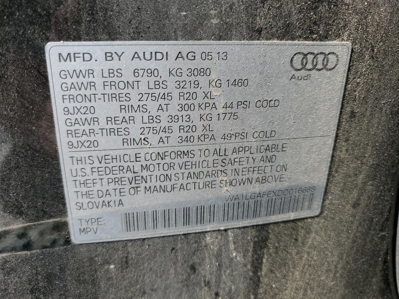 WA1LGAFEXDD016698 2013 Audi Q7 Premium Plus