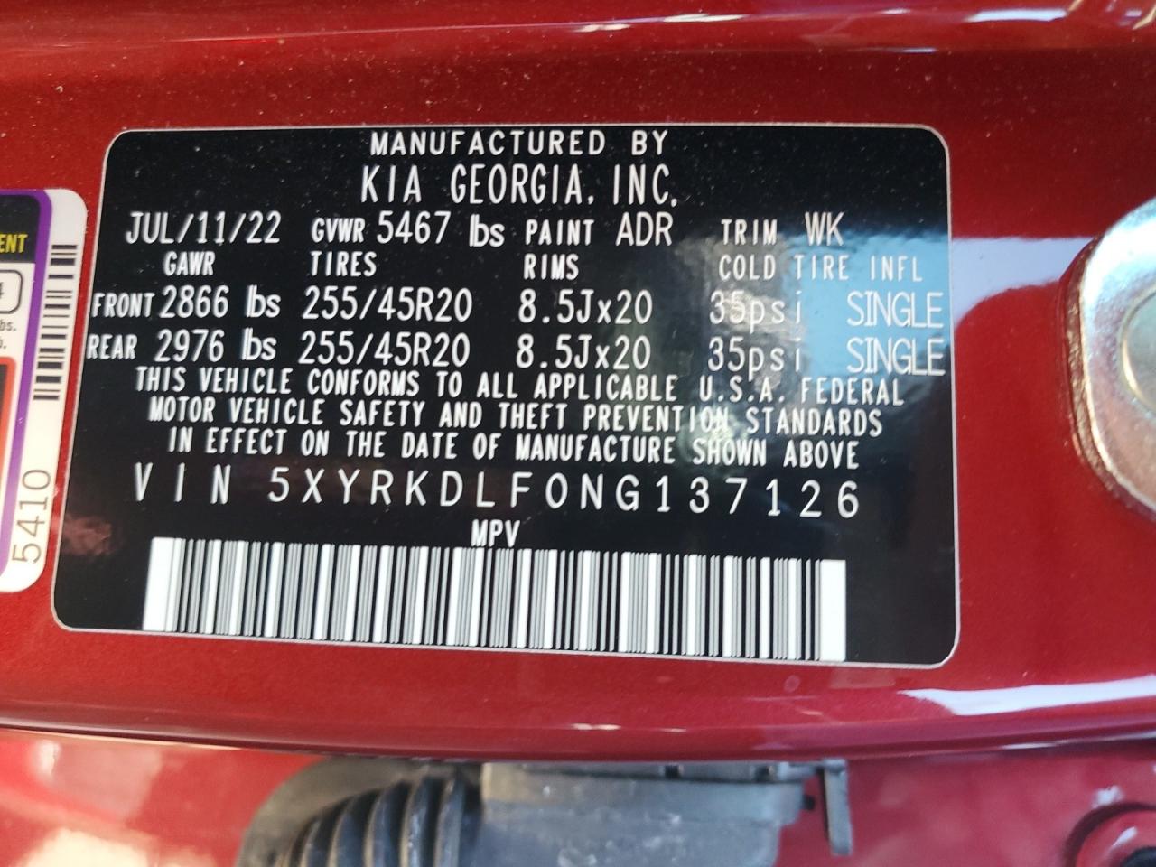 5XYRKDLF0NG137126 2022 Kia Sorento Sx