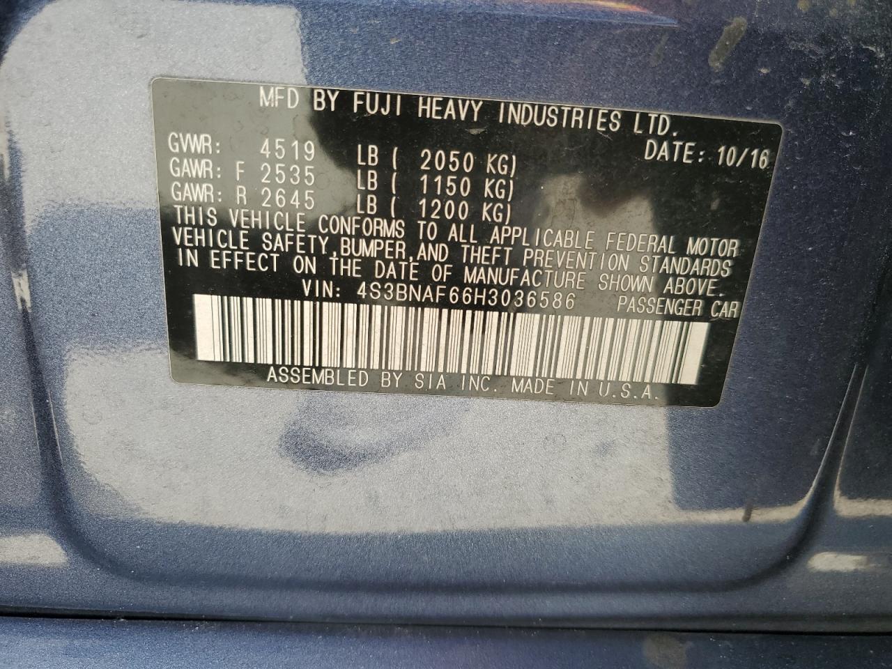 4S3BNAF66H3036586 2017 Subaru Legacy 2.5I Premium