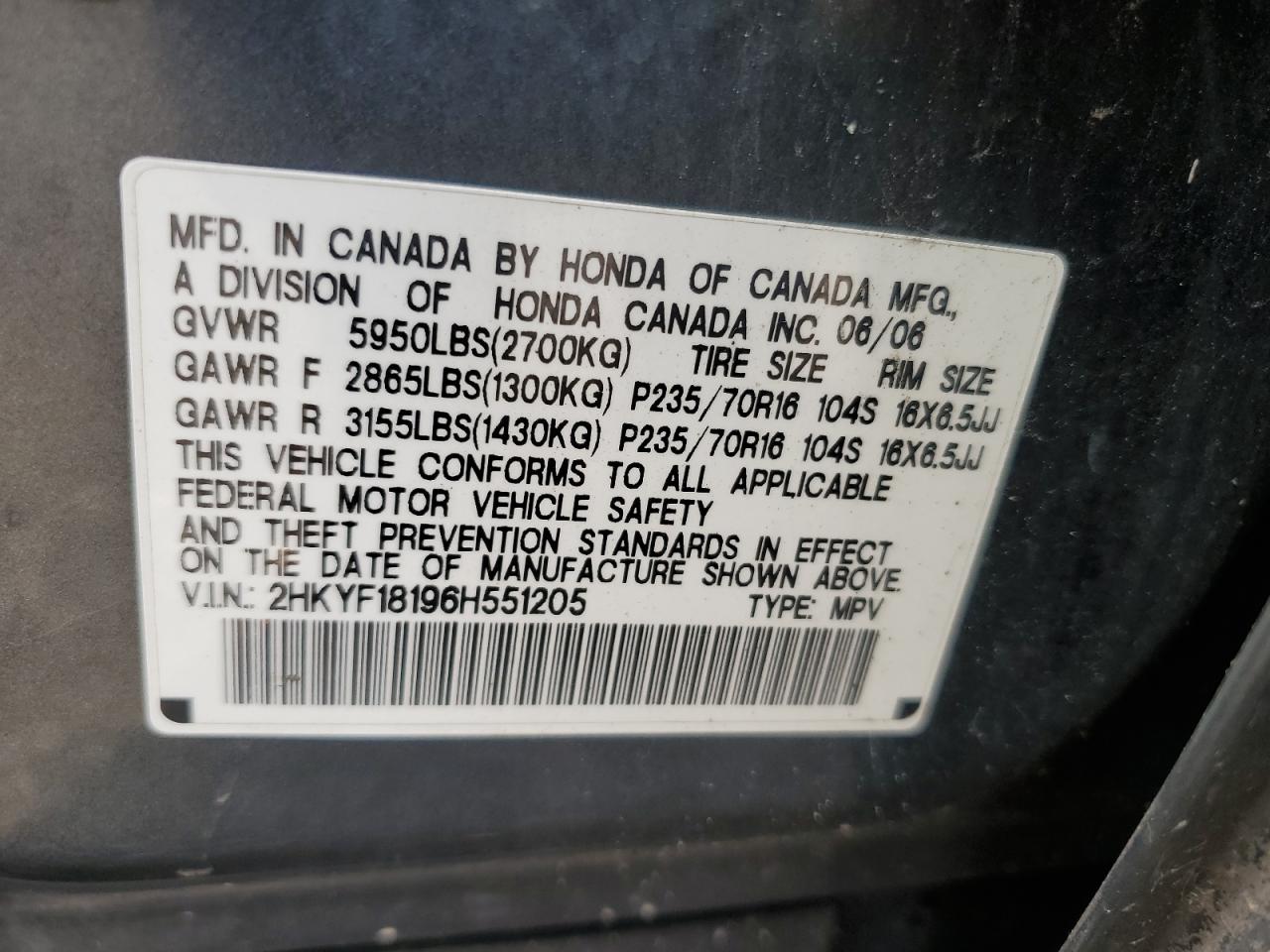 2HKYF18196H551205 2006 Honda Pilot Lx