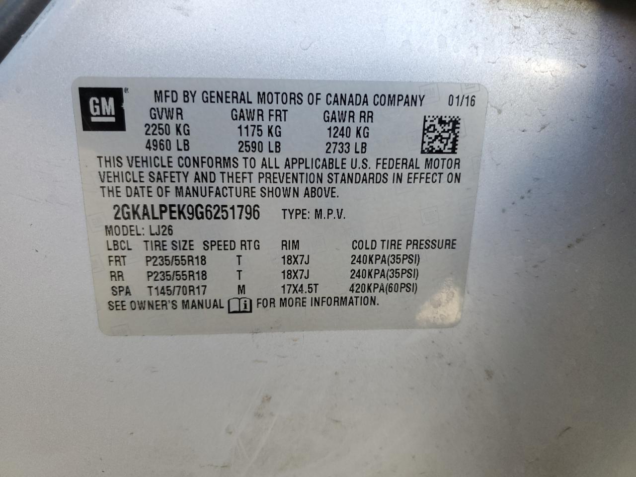 2GKALPEK9G6251796 2016 GMC Terrain Slt