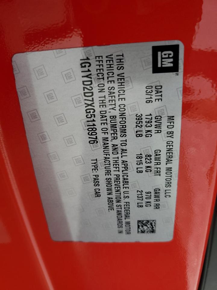 1G1YD2D7XG5118976 2016 Chevrolet Corvette Stingray 2Lt