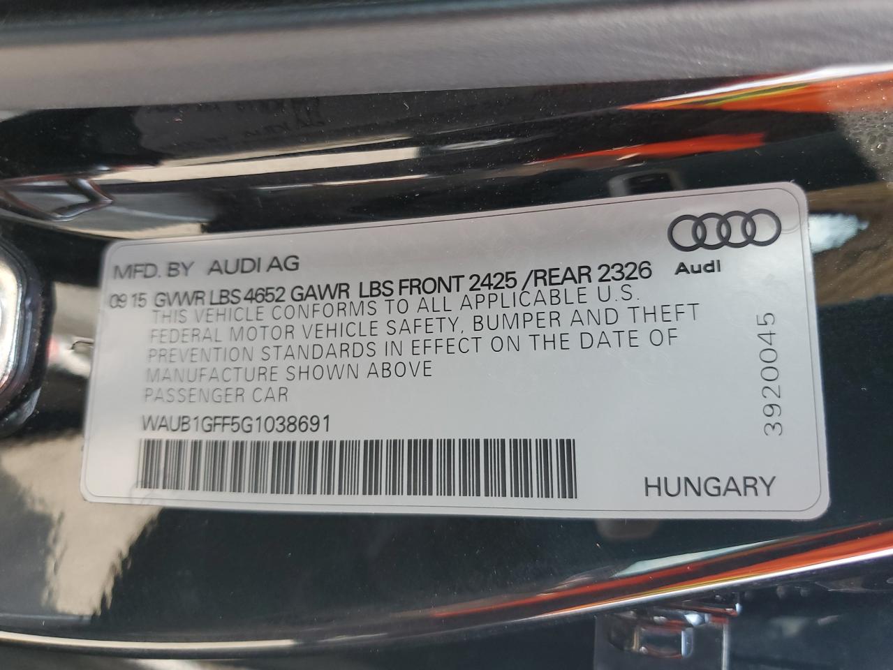 WAUB1GFF5G1038691 2016 Audi S3 Premium Plus