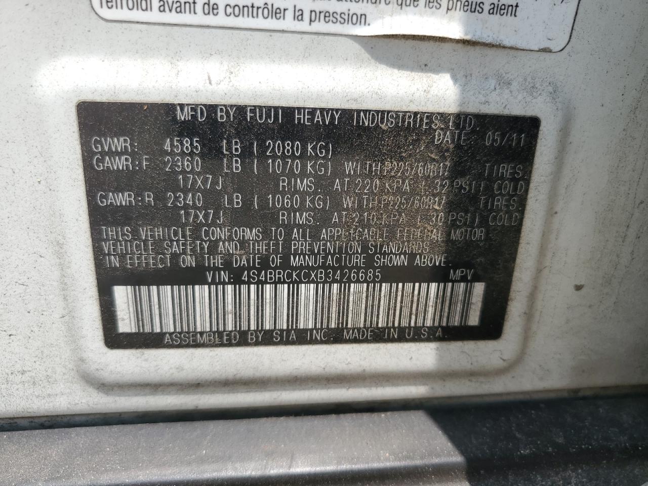 4S4BRCKCXB3426685 2011 Subaru Outback 2.5I Limited