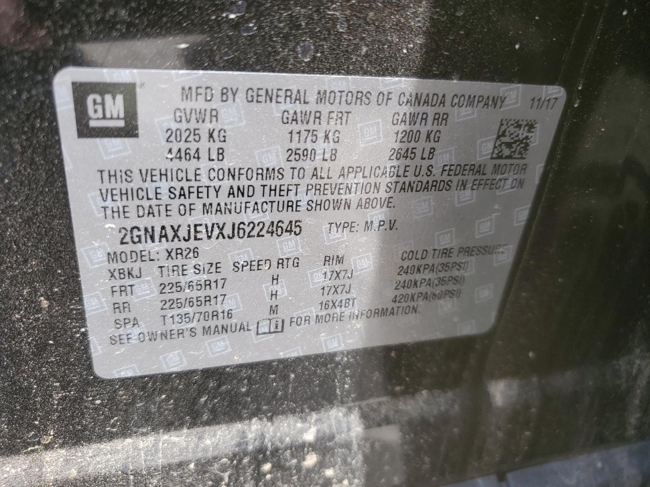 2GNAXJEVXJ6224645 2018 Chevrolet Equinox Lt