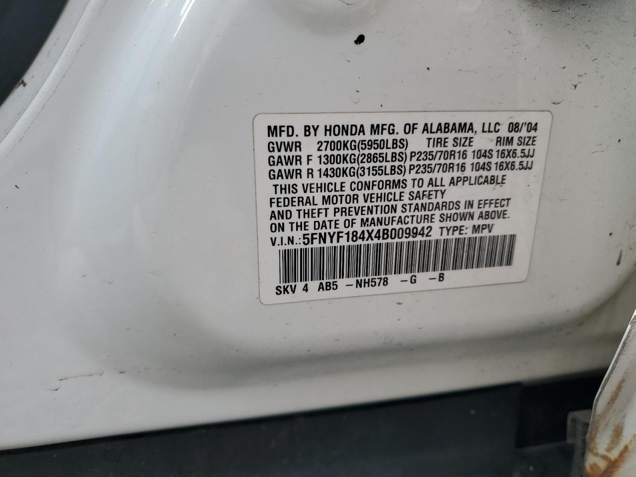 5FNYF184X4B009942 2004 Honda Pilot Ex