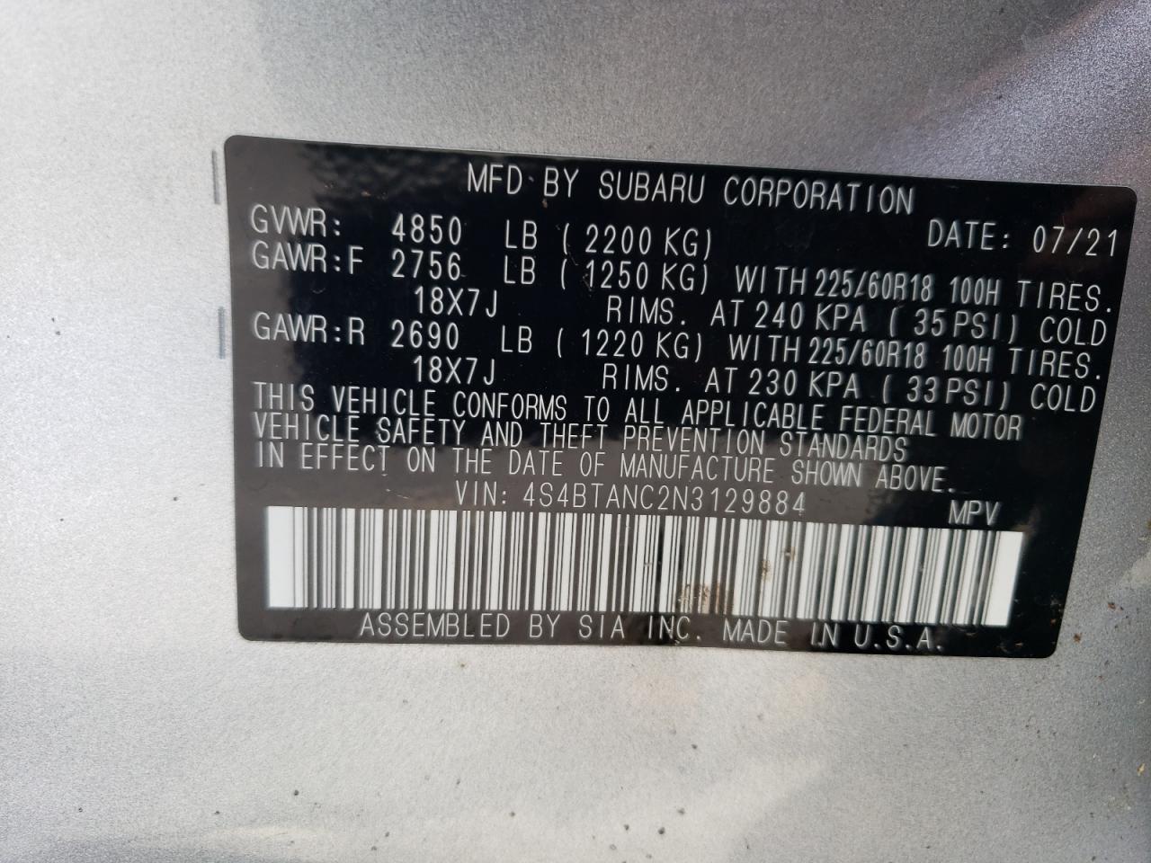 4S4BTANC2N3129884 2022 Subaru Outback Limited