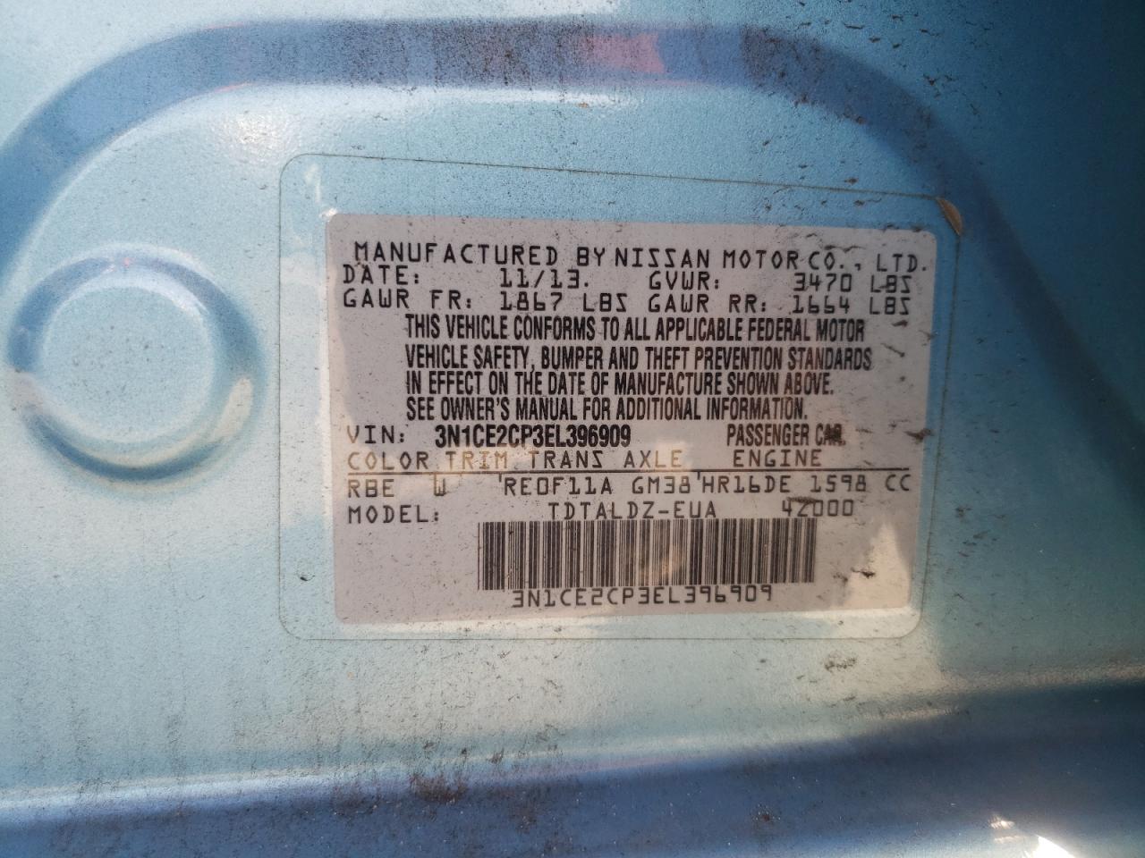 3N1CE2CP3EL396909 2014 Nissan Versa Note S