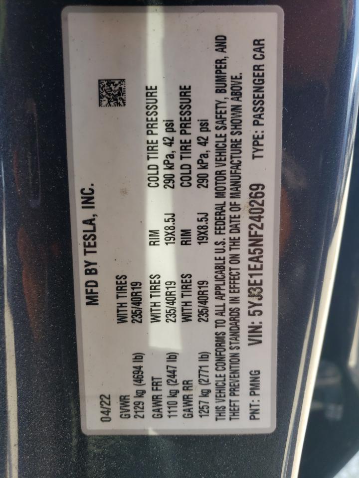 5YJ3E1EA5NF240269 2022 Tesla Model 3
