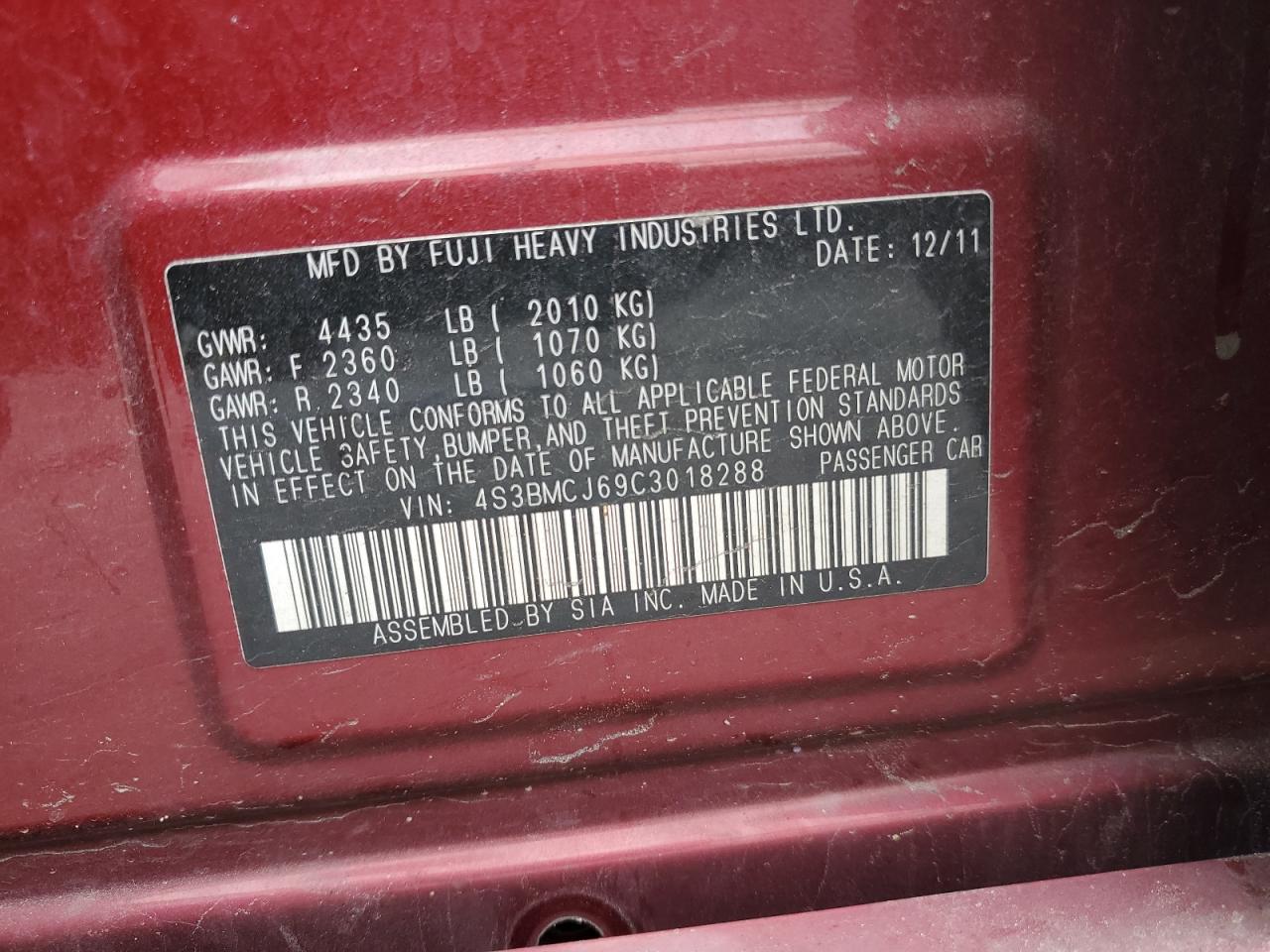 4S3BMCJ69C3018288 2012 Subaru Legacy 2.5I Limited