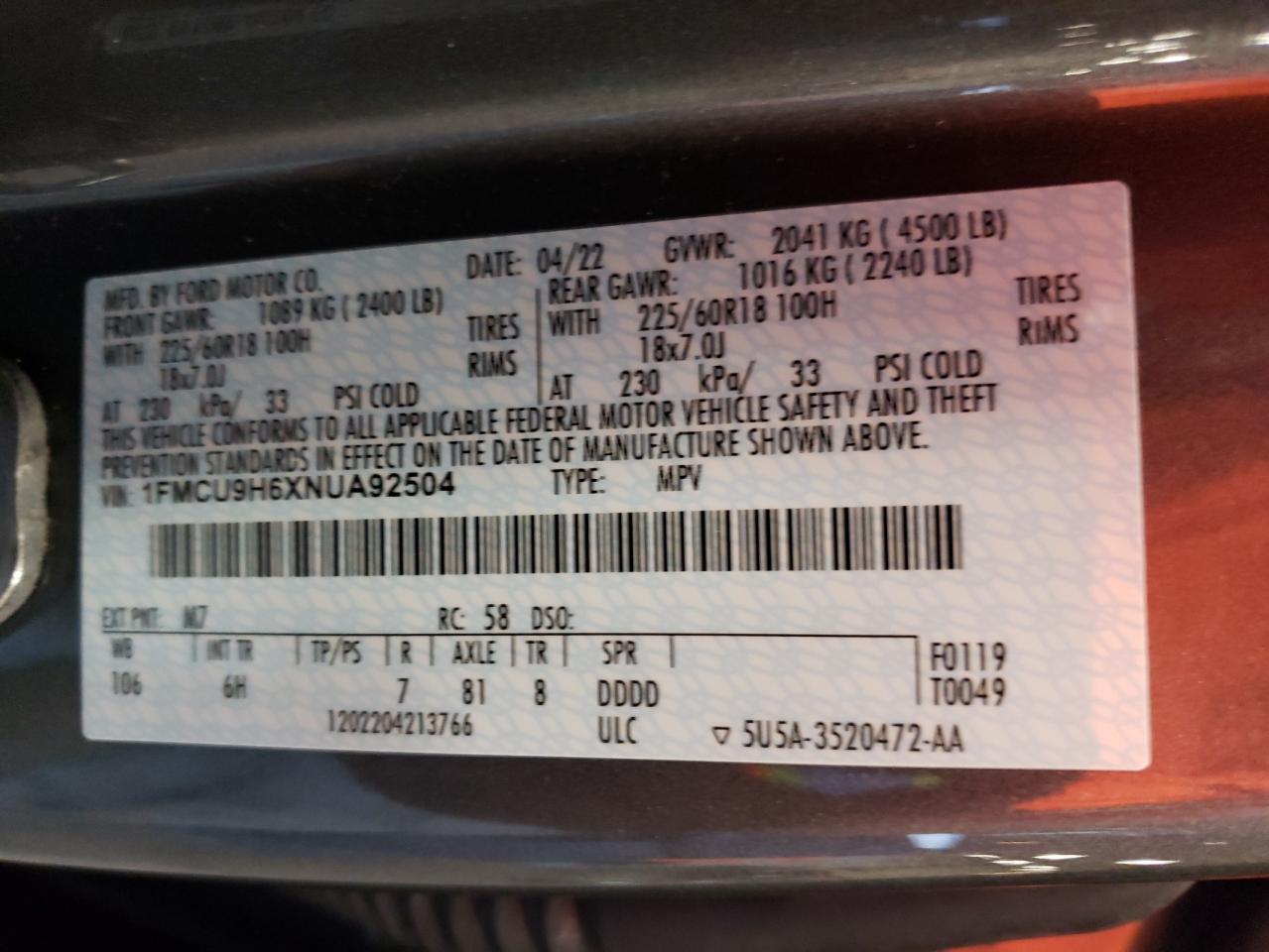 1FMCU9H6XNUA92504 2022 Ford Escape Sel