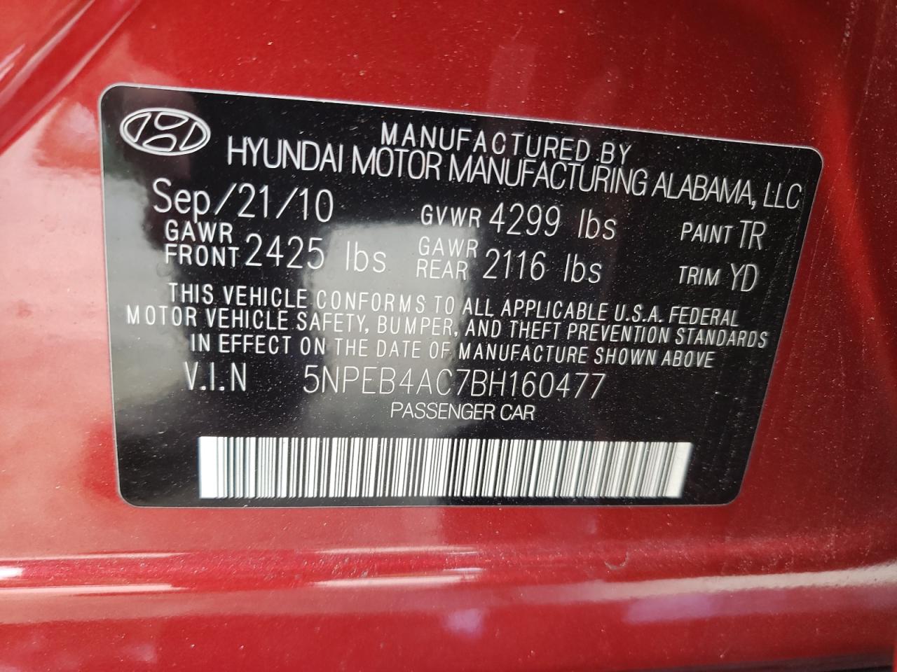 5NPEB4AC7BH160477 2011 Hyundai Sonata Gls