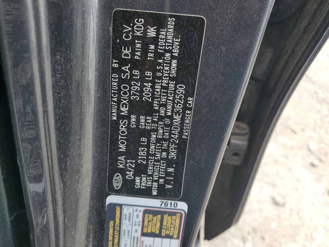 3KPF24ADXME362590 2021 Kia Forte Fe