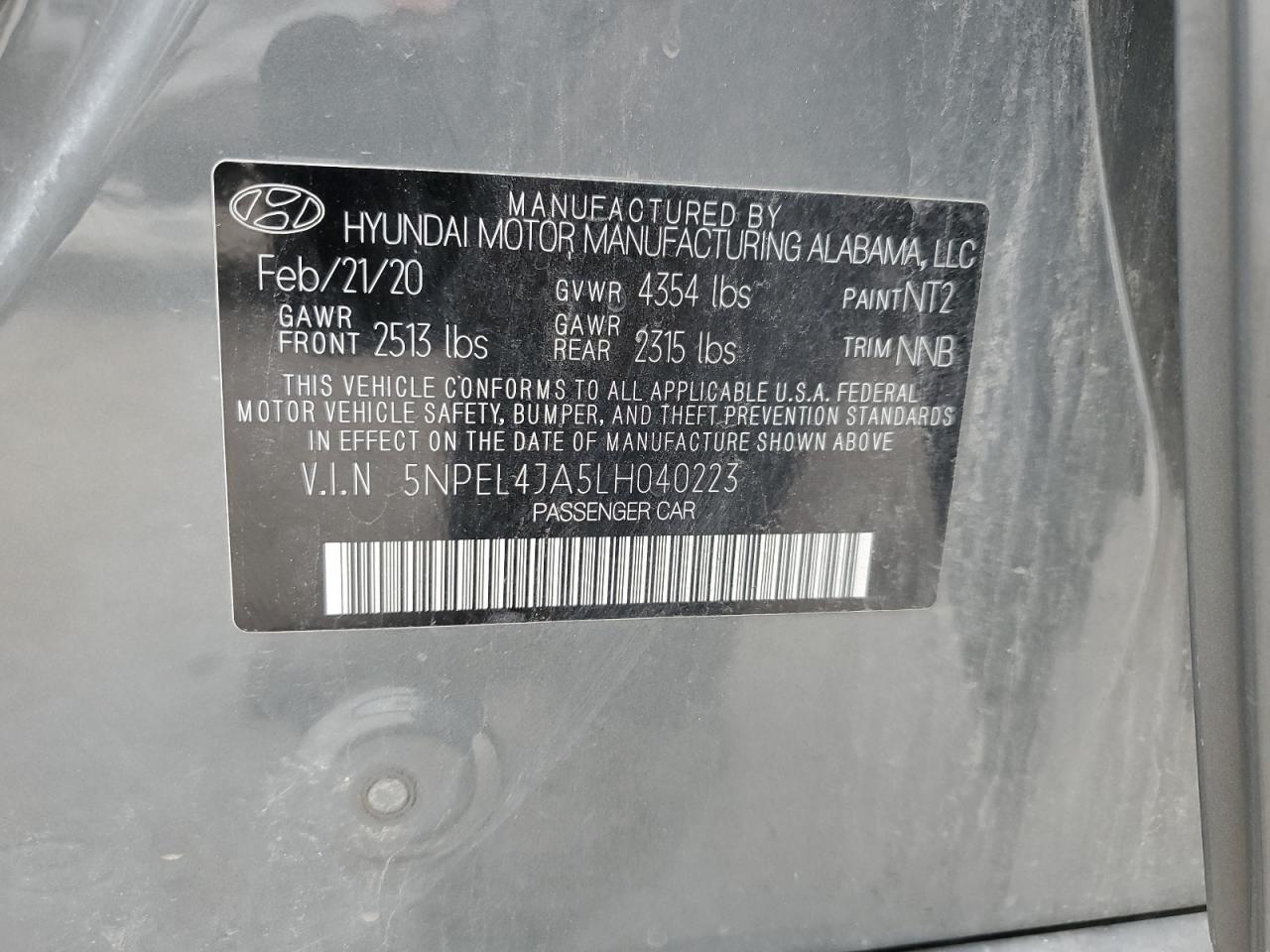 5NPEL4JA5LH040223 2020 Hyundai Sonata Sel