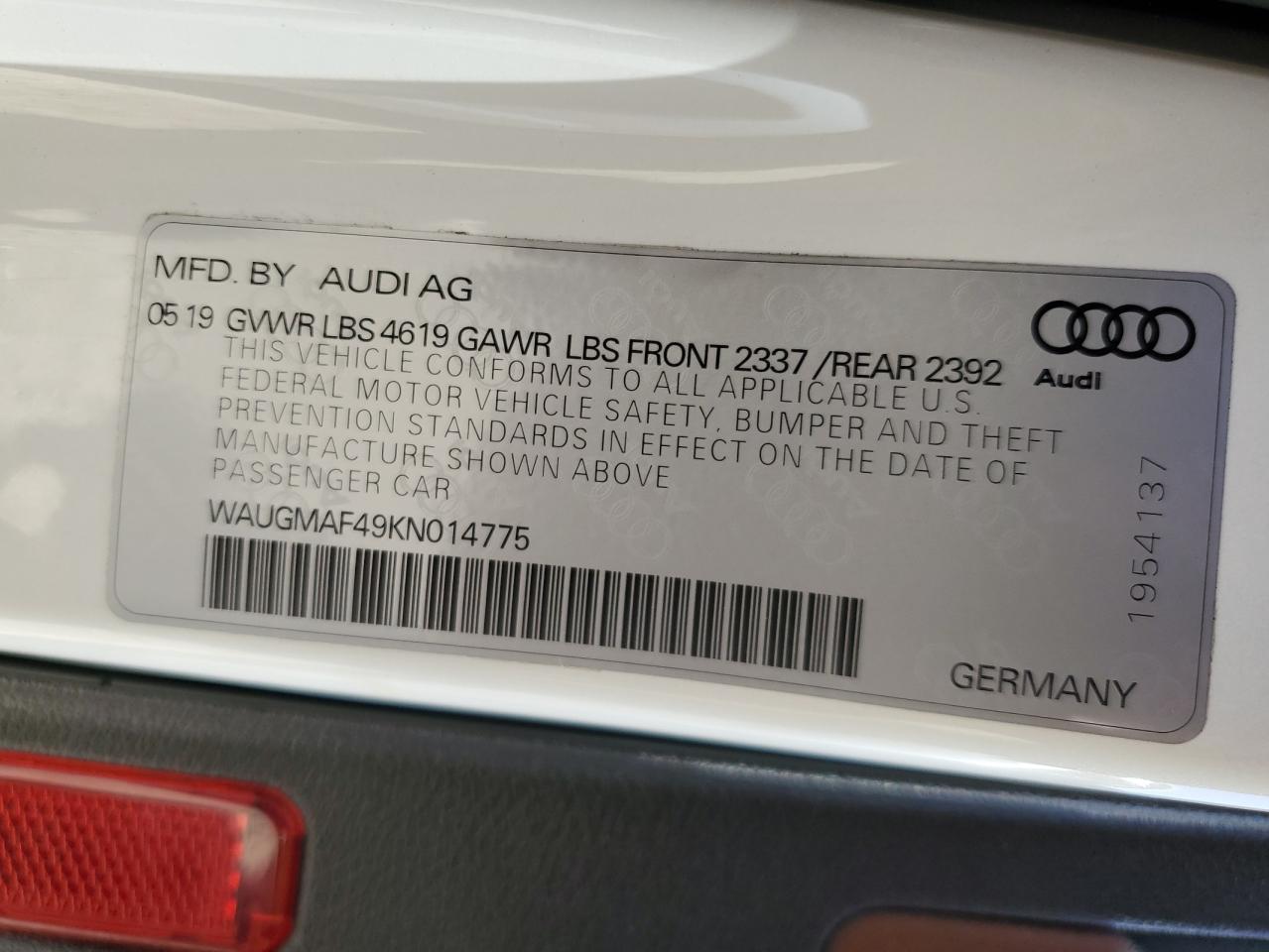 WAUGMAF49KN014775 2019 Audi A4 Premium
