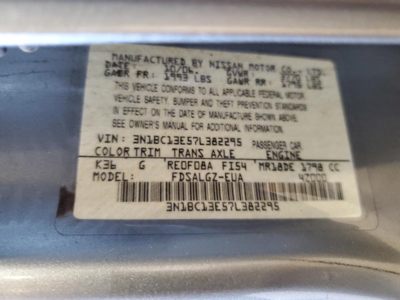 3N1BC13E57L382295 2007 Nissan Versa S