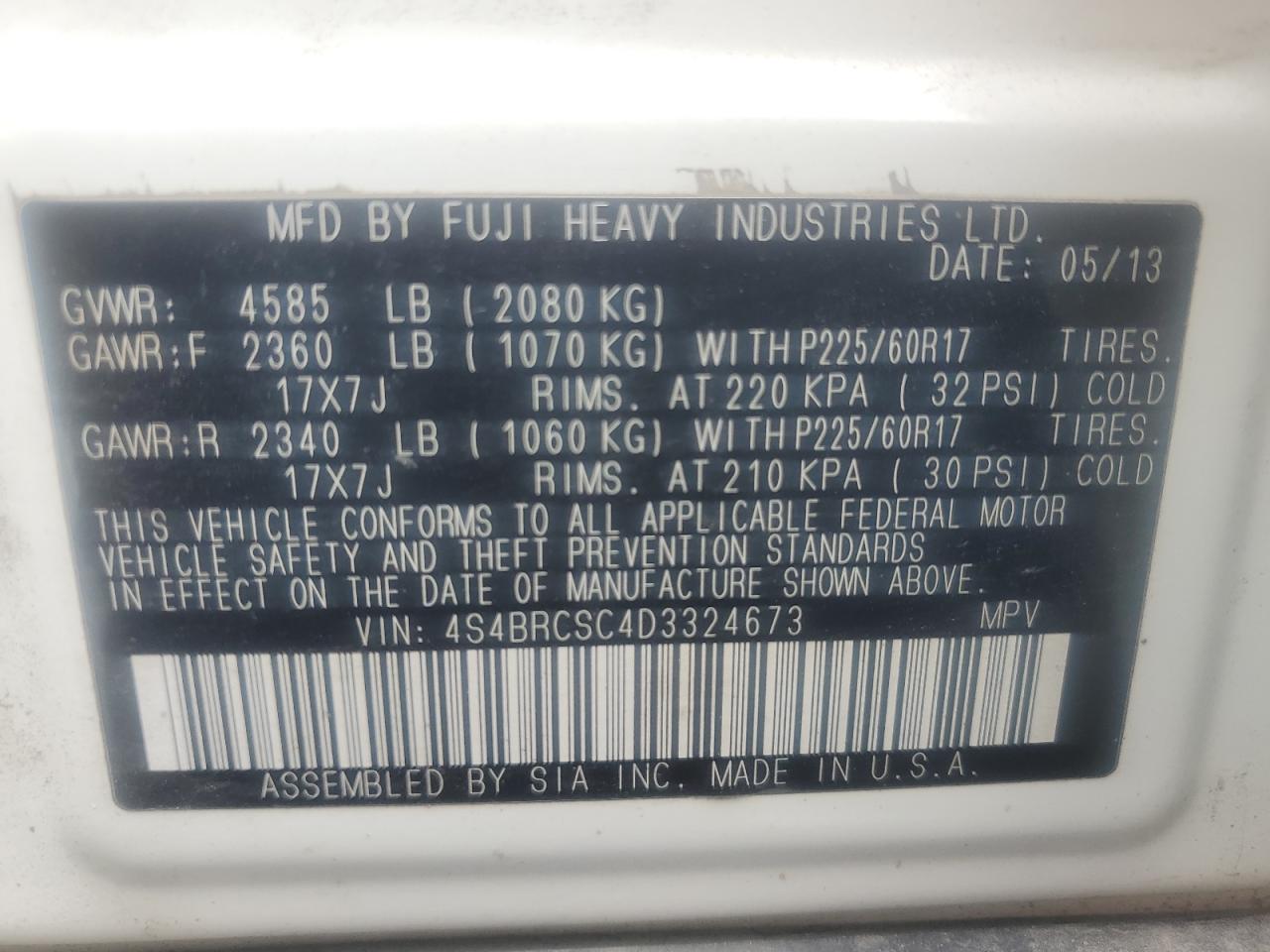 4S4BRCSC4D3324673 2013 Subaru Outback 2.5I Limited