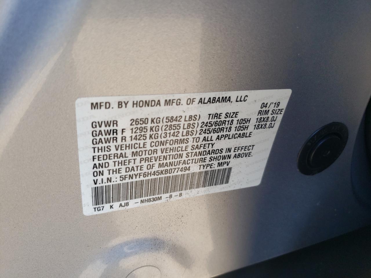 5FNYF6H45KB077494 2019 Honda Pilot Exl