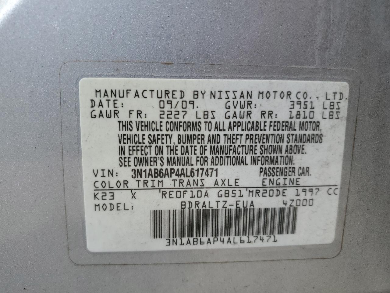 3N1AB6AP4AL617471 2010 Nissan Sentra 2.0