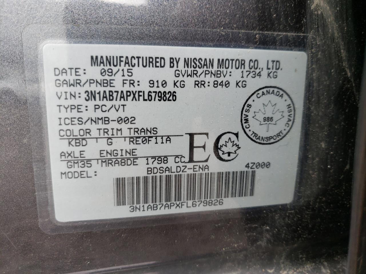 3N1AB7APXFL679826 2015 Nissan Sentra S