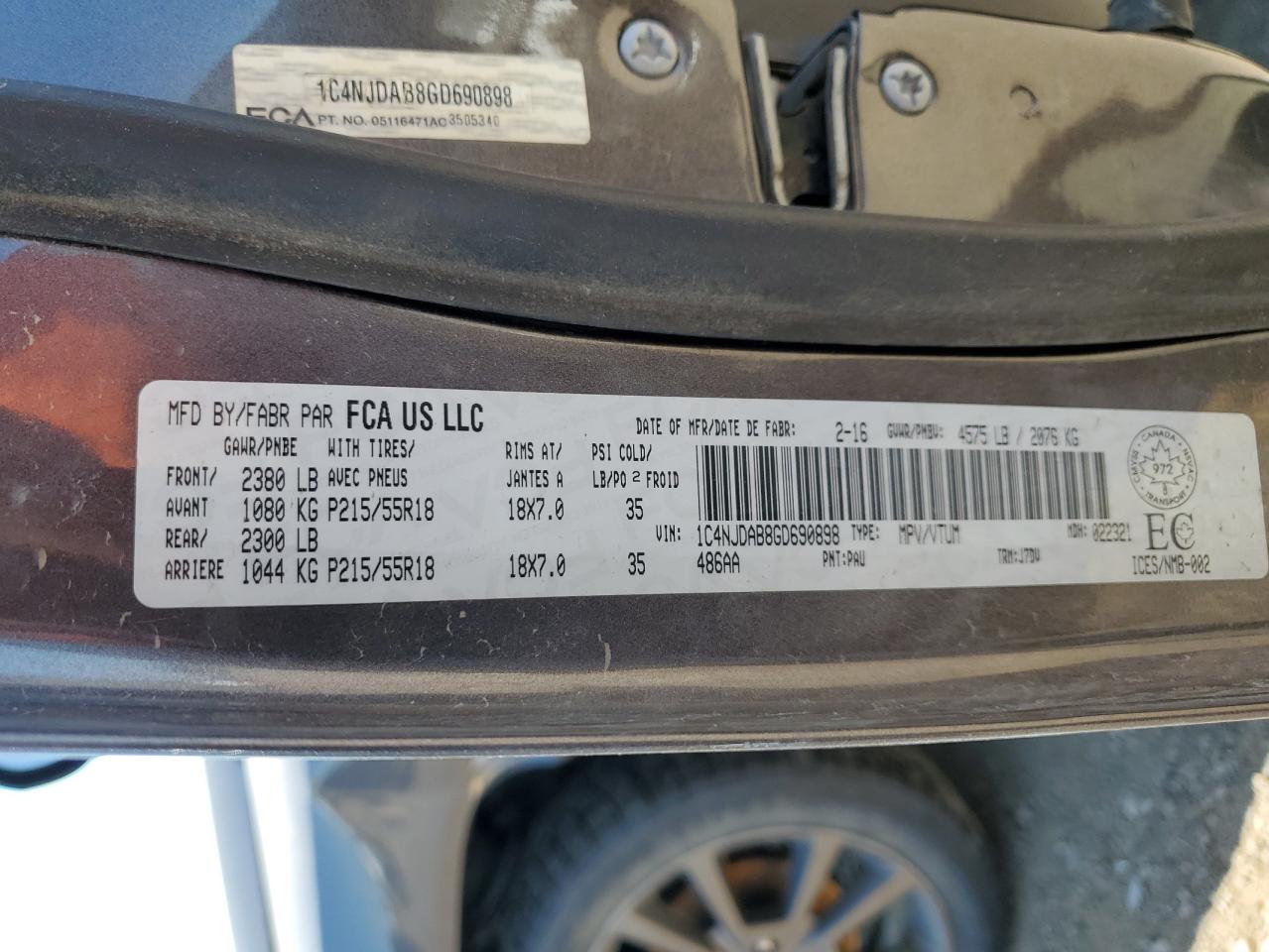 1C4NJDAB8GD690898 2016 Jeep Compass Sport