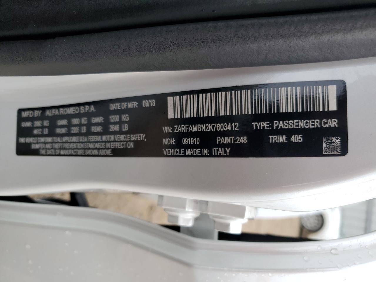 ZARFAMBN2K7603412 2019 Alfa Romeo Giulia Ti