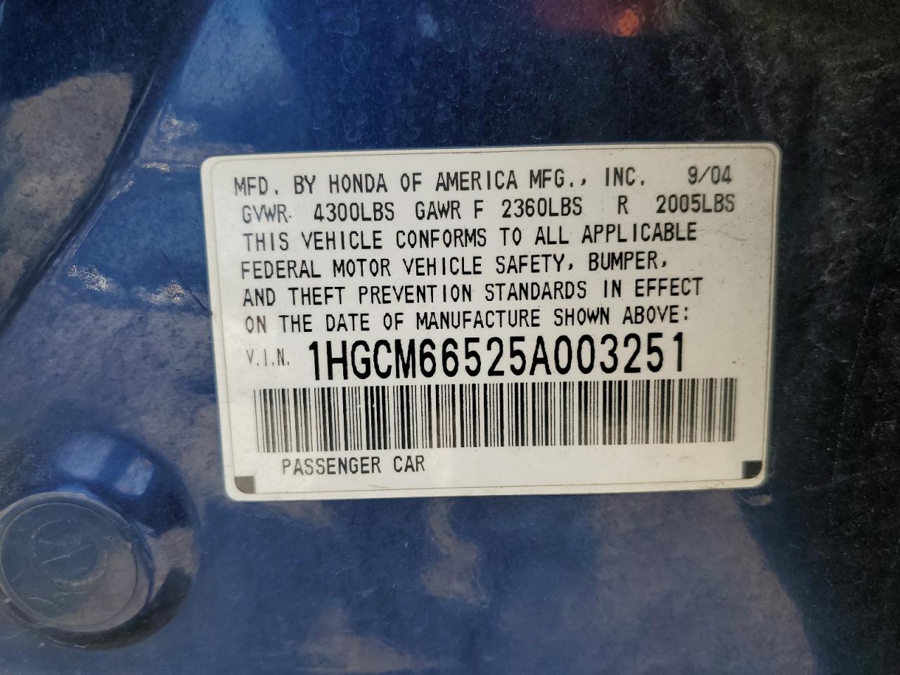 1HGCM66525A003251 2005 Honda Accord Ex