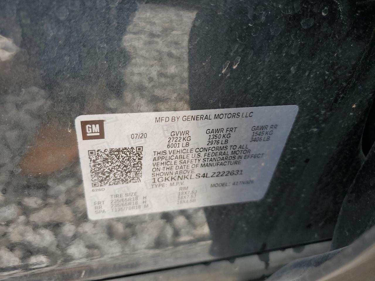 1GKKNKLS4LZ222631 2020 GMC Acadia Sle