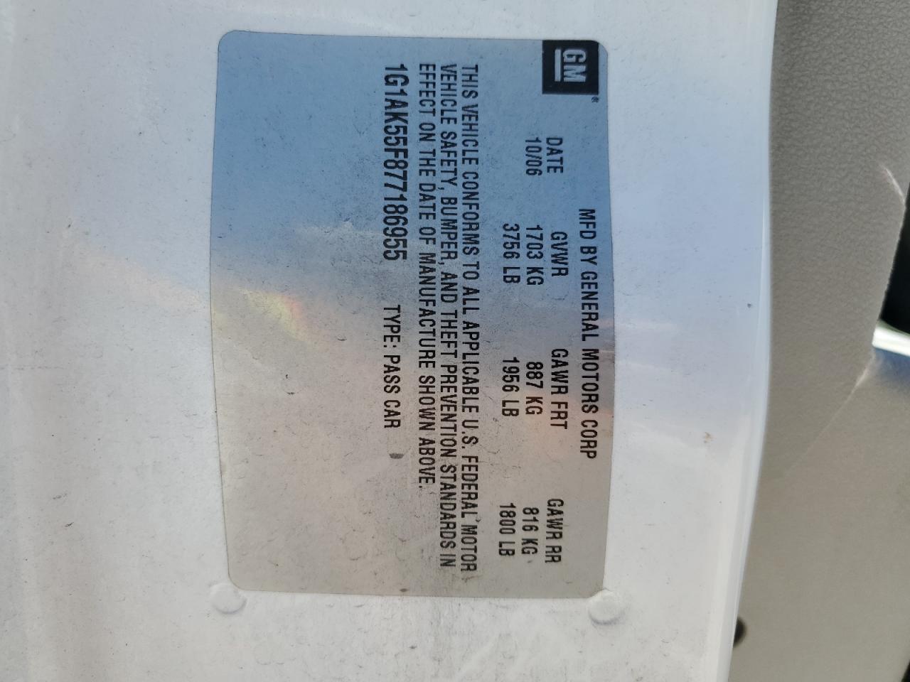 1G1AK55F877186955 2007 Chevrolet Cobalt Ls