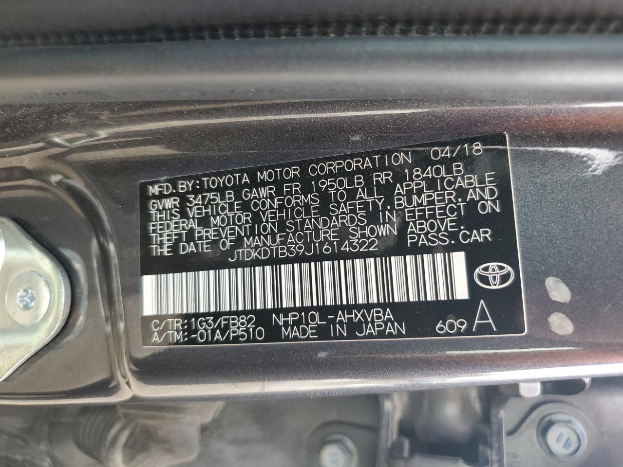 JTDKDTB39J1614322 2018 Toyota Prius C