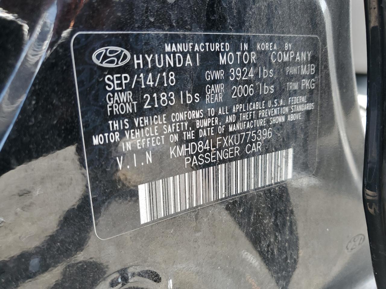 KMHD84LFXKU775396 2019 Hyundai Elantra Sel