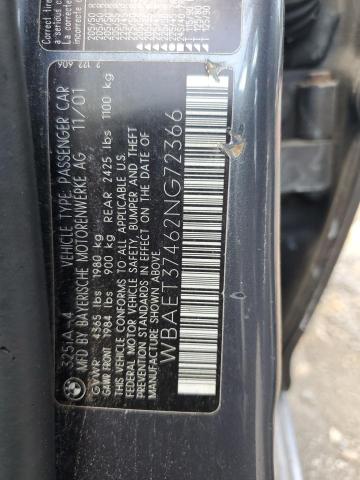 2002 BMW 325 I VIN: WBAET37462NG72366 Lot: 62834894