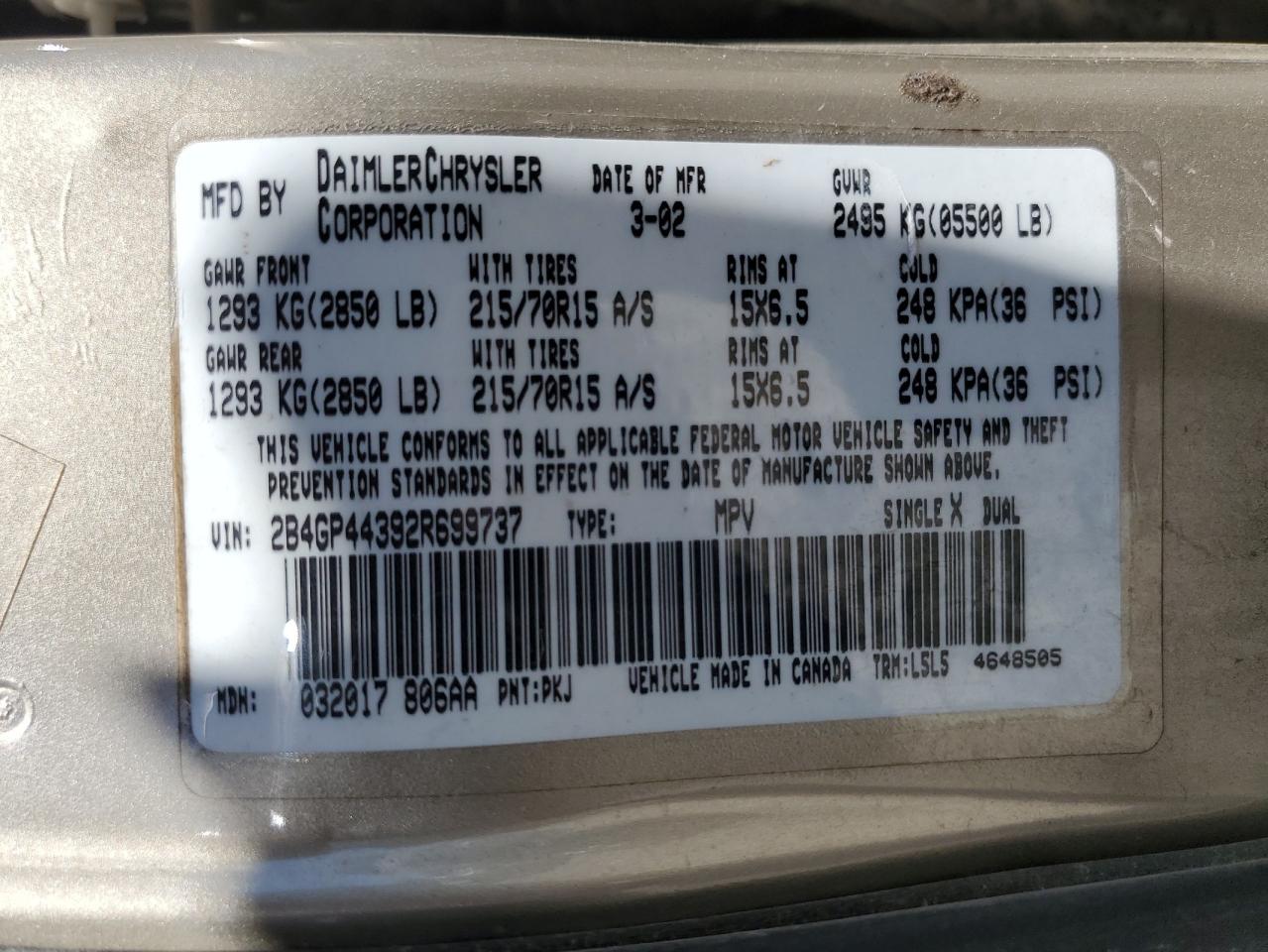 2B4GP44392R699737 2002 Dodge Grand Caravan Sport