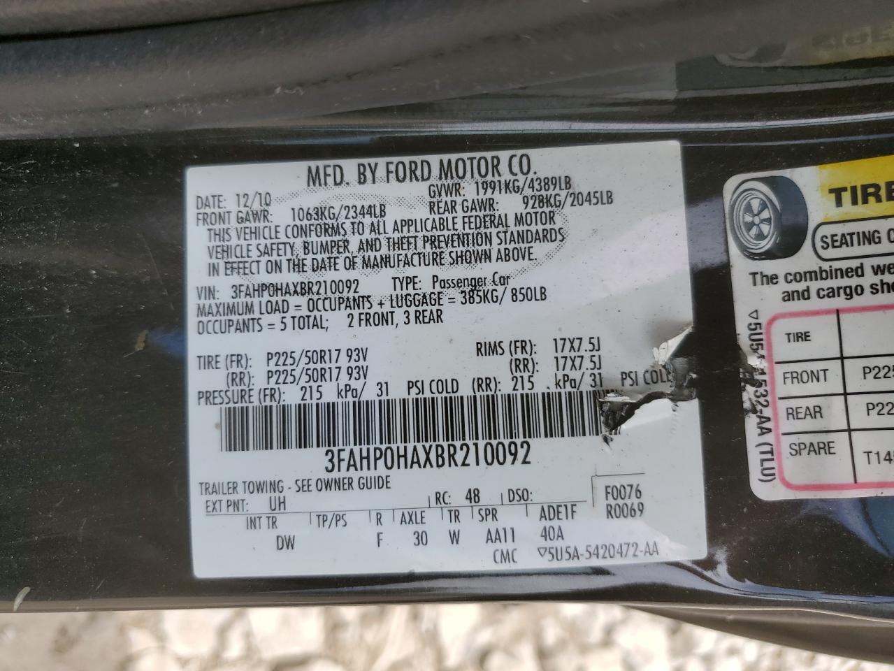 3FAHP0HAXBR210092 2011 Ford Fusion Se