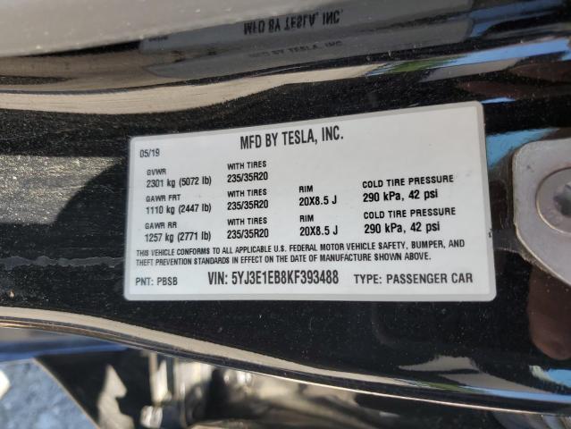 2019 Tesla Model 3 VIN: 5YJ3E1EB8KF393488 Lot: 61416334