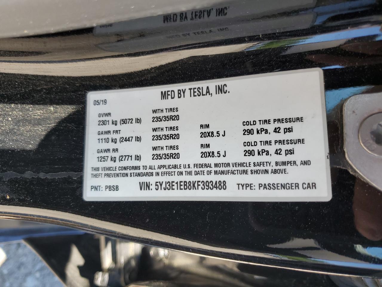 5YJ3E1EB8KF393488 2019 Tesla Model 3