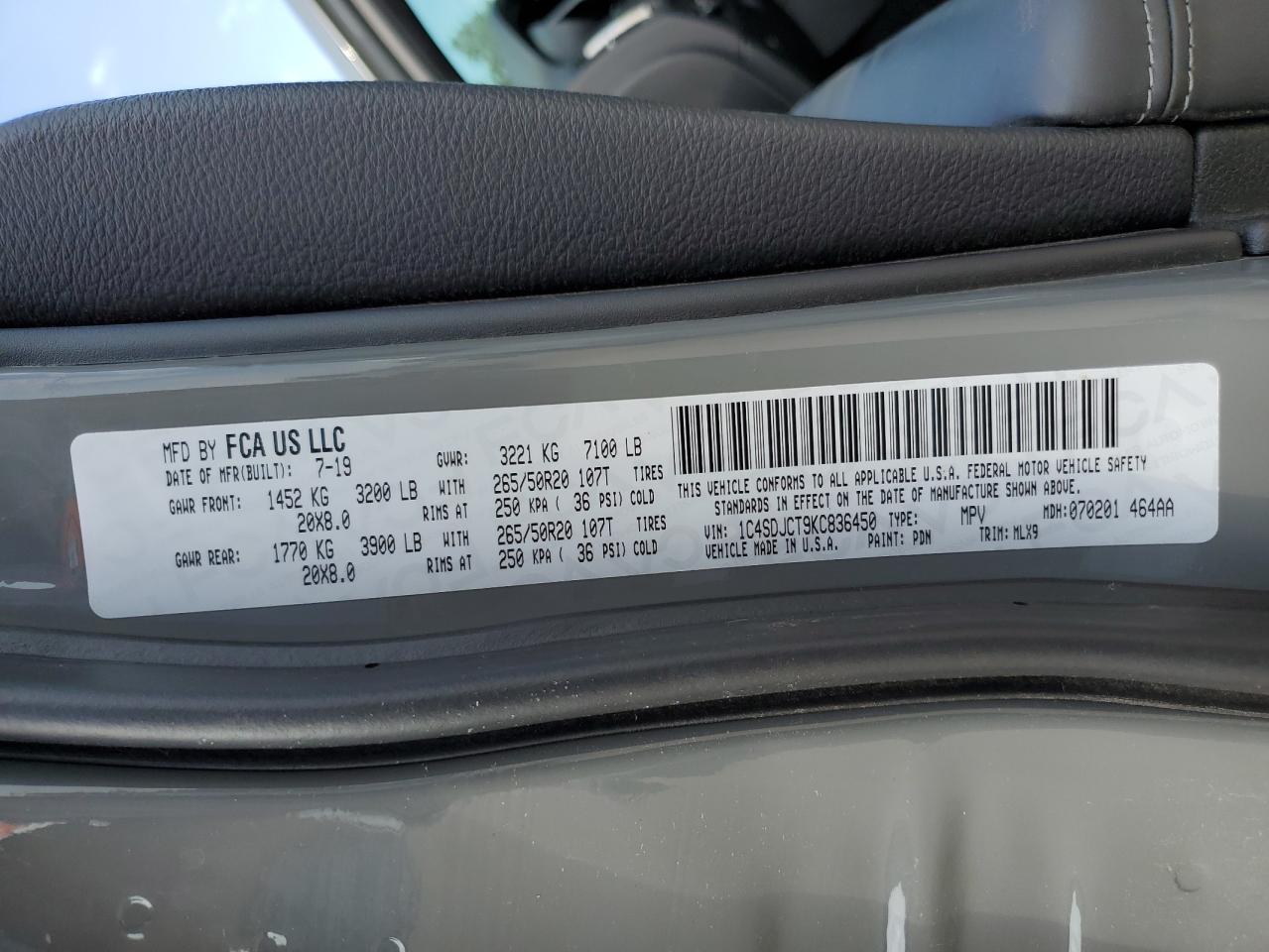 1C4SDJCT9KC836450 2019 Dodge Durango R/T